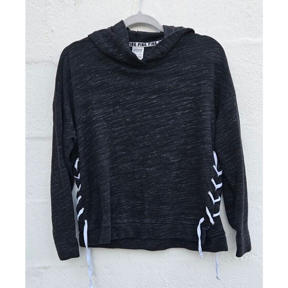 Victorias Secret Pink Hoodie Small Black Gray Side‎ Lace Up Pullover Sweatshirt
